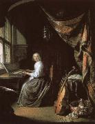 christian schubart a 17th century dutch painting by gerrit dou of woman at the clvichord. oil painting reproduction